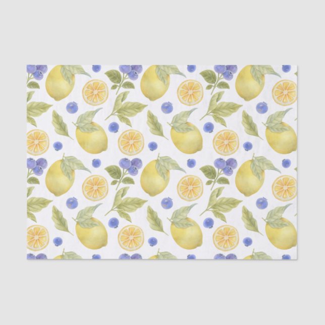 Wasserfarben Zitrone und Blueberry Obst mit Blätte Seidenpapier (Vorderseite)