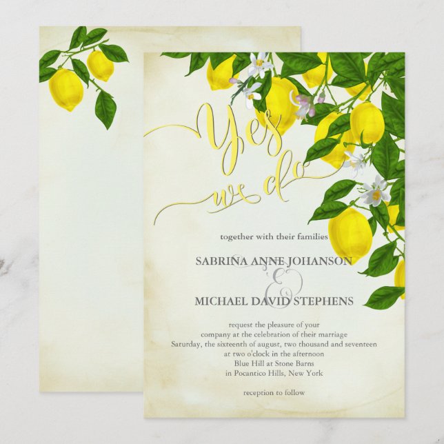 Wasserfarben-Zitronen-Hochzeit und Hochzeit im Grü Einladung (Vorne/Hinten)