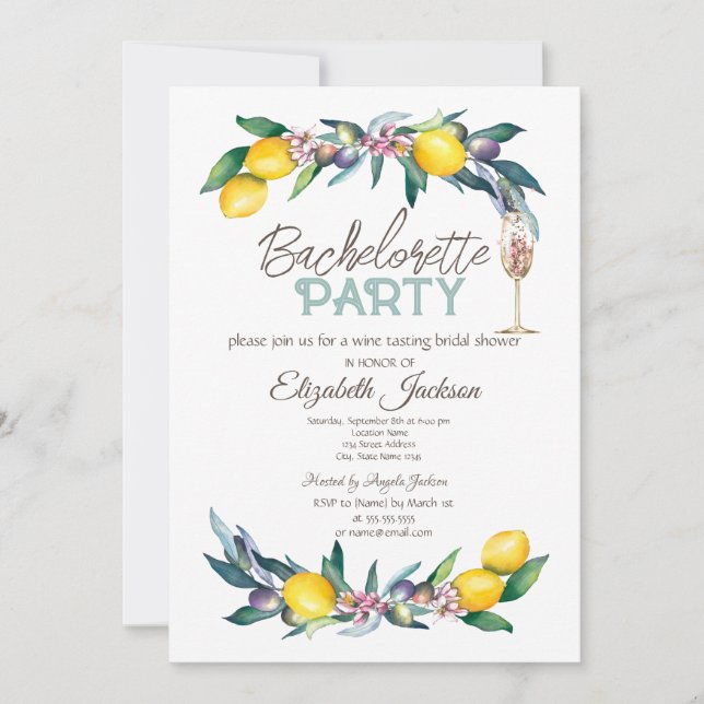 Wasserfarben-Zitronen-Oliven-Glas Bachelorette Einladung (Vorderseite)