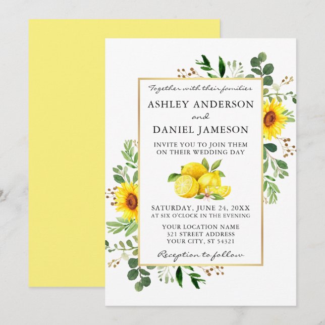 Wasserfarben Zitronen Sonnenblumen Grüne Hochzeit Einladung (Vorne/Hinten)