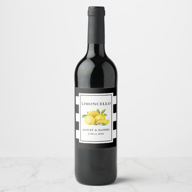 Wasserfarben Zitronen Streifen Limoncello Flaschen Weinetikett (Vorderseite)