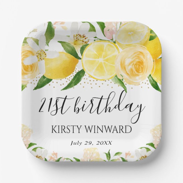 Wasserfarben-Zitronen und Blume zum Geburtstag Pappteller (Vorderseite)