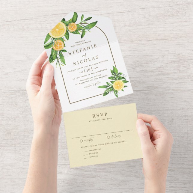 Wasserfarben-Zitronen und Orangen-Arch-Hochzeit All In One Einladung (Abreißen)