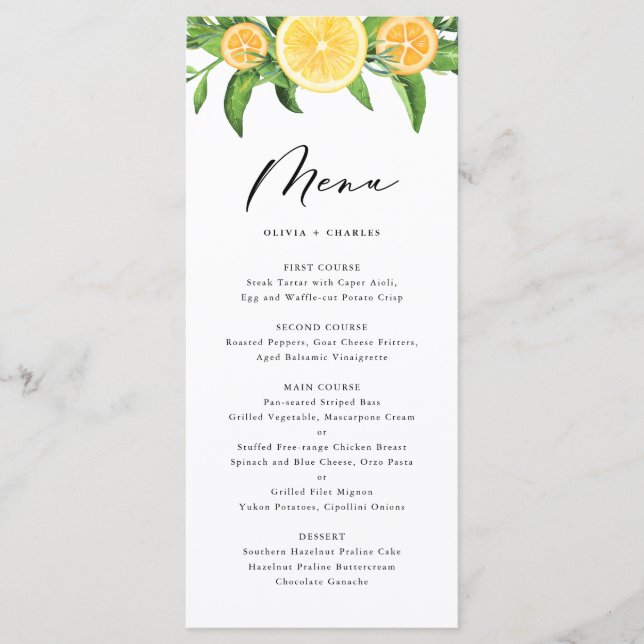 Wasserfarben Zitronen und Orangen Citrus Hochzeitm Menükarte (Vorderseite)