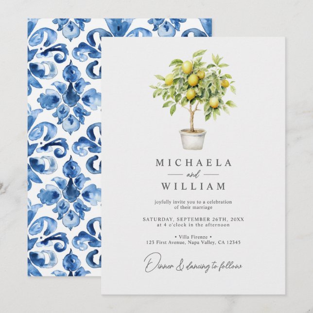 Wasserfarben Zitronenbaum und mediterrane Hochzeit Einladung (Vorne/Hinten)