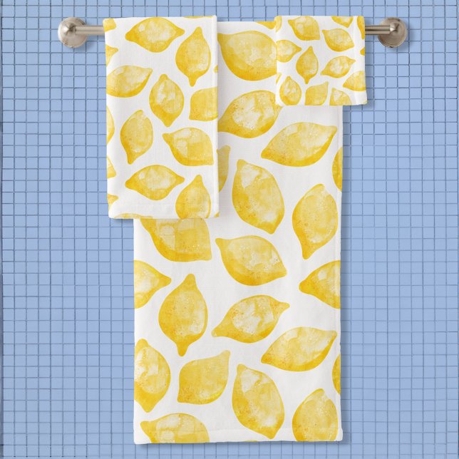 Wasserfarben-Zitronenmuster Badhandtuch Set (Modern citrus lemon fruit watercolor art bathroom towel set)