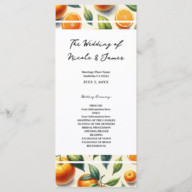 Wasserfarben Zitrusfrüchte Orange Blätter Hochzeit Programm (Vorderseite)