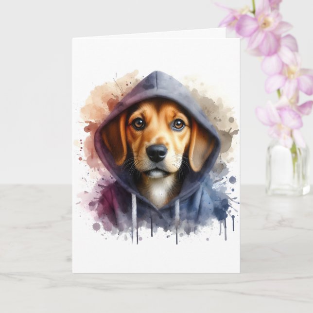 Wasserfarbenarmatur Brauner Hund in einem Hoodie-S Karte (Orchidee)