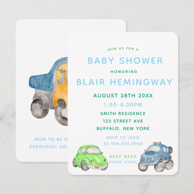 Wasserfarbenautos Boy Babydusche Einladung (Vorne/Hinten)