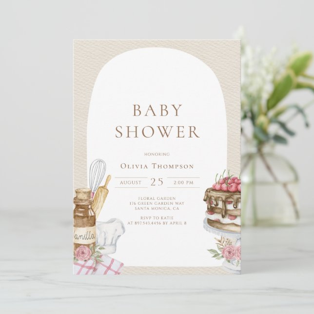 Wasserfarbenbacken Girl Babydusche Einladung (Stehend Vorderseite)
