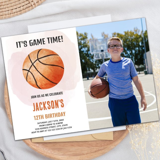 Wasserfarbenbasketball Einladung zum Geburtstag (Watercolor Basketball Birthday Invitations w photo)