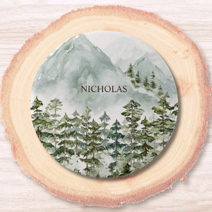Wasserfarbenbild von Wald und Bergnatur Button
