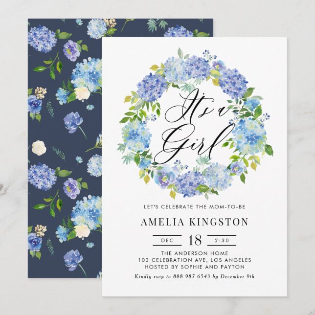 Wasserfarbenblau Hydrangea Kranich Es ist ein Mädc Einladung (Vorne/Hinten)