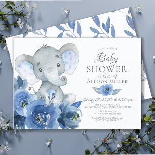 Wasserfarbenblaue Blumen Elephant Baby Dusche Einladung