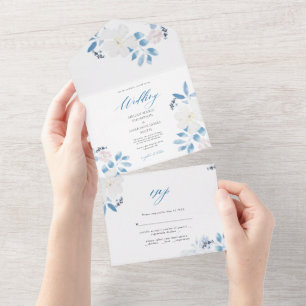 Wasserfarbenblaue Hochzeitseinladung mit Blumen All In One Einladung