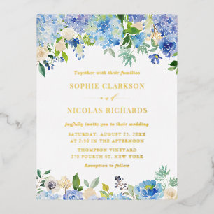 Wasserfarbenblaue Hydrangeas und Rose Hochzeit Folie Einladungspostkarte