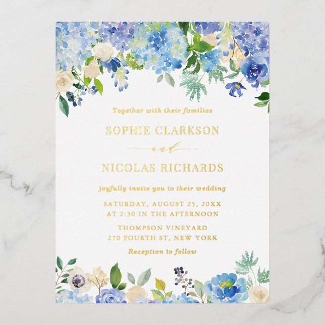 Wasserfarbenblaue Hydrangeas und Rose Hochzeit Folie Einladungspostkarte (Vorderseite)