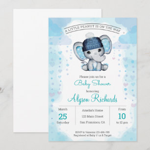 Wasserfarbenblauer Elefant Hut Babydusche Einladung