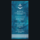 Wasserfarbenblaues Menü für Hochzeiten Menükarte<br><div class="desc">Dieses Hochzeitsmenü im nautischen Stil ist mit einem trendigen,  blau leuchtenden Hintergrund und weißen Streifen mit einem passenden weißen Anker ausgestattet.</div>
