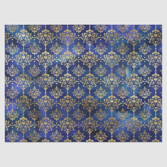 Wasserfarbenblaues Muster mit Goldener Damaske Seidenpapier (Vorderseite)