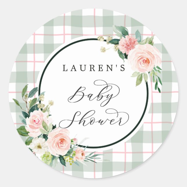 Wasserfarbenblüte | Pastel Kariert Baby Dusche Runder Aufkleber (Vorderseite)
