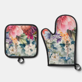Wasserfarbenblüten Ofenhandschuh & Topflappen-Set