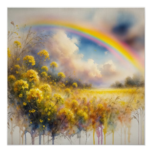 Wasserfarbenbogen über der Wildblume Wiese Poster (Vorderseite)