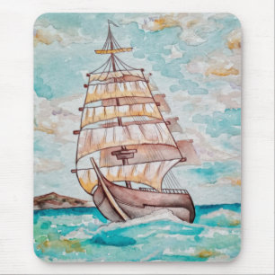 Wasserfarbenboot Segelschiff Sommerseelebensleben Mousepad