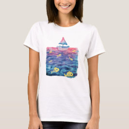 Wasserfarbenboot und Fisch T-Shirt