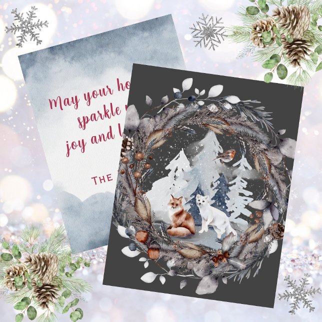 Wasserfarbenbraun und Schneefräse Feiertagskarte (Watercolor Brown and Arctic Fox Snow Wreath Scene Holiday Card)