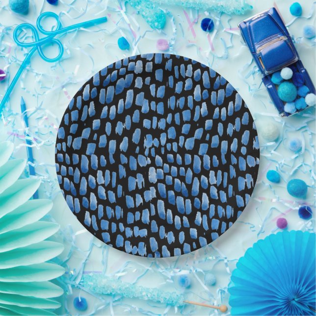 Wasserfarbenbürsten leuchten Shibori blau auf schw Pappteller (Party)