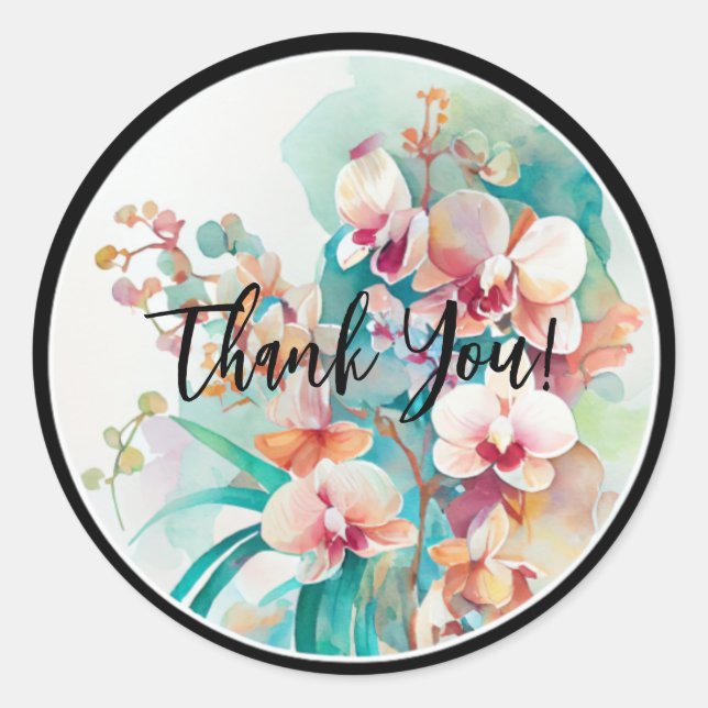 WASSERFARBENDESIGN ORCHID-BLUME "DANKE" RUNDER AUFKLEBER (Vorderseite)