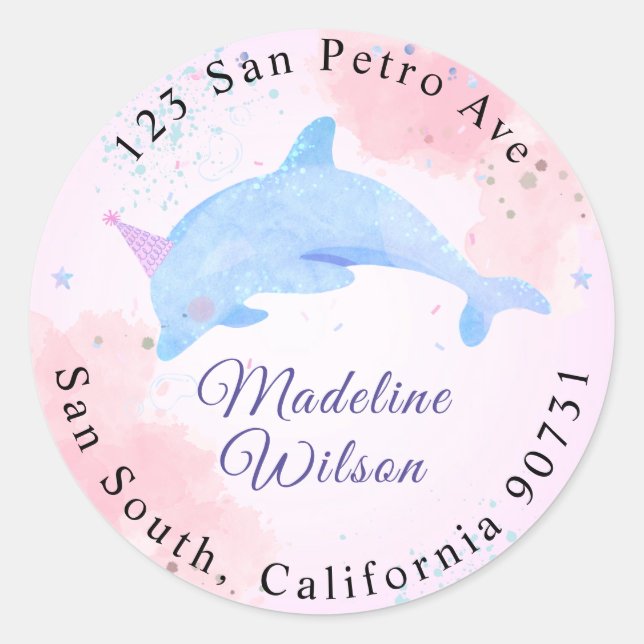 Wasserfarbendolphin unter der Rücksendeadresse Runder Aufkleber (Vorderseite)