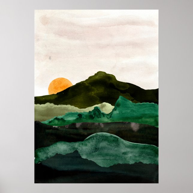 Wasserfarbene abstrakte Berglandschaft. Sunset Art Poster (Vorne)