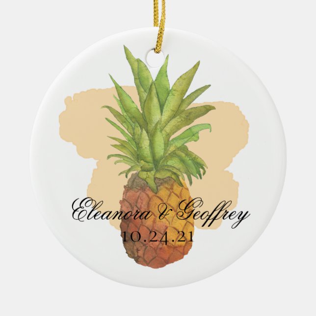 Wasserfarbene Ananas Tropisches Sommerhochzeitssli Keramik Ornament (Vorne)