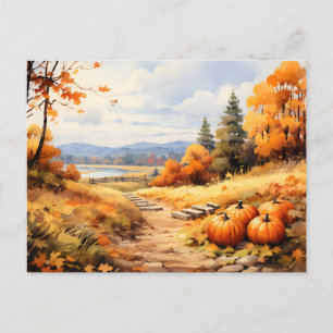 Wasserfarbene Autumn Road Pumpkin Fallende Blätter Feiertagspostkarte