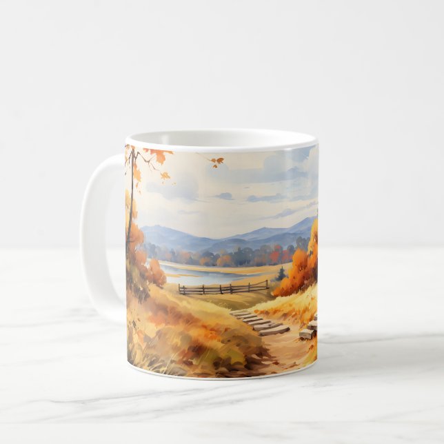 Wasserfarbene Autumn Road Pumpkin Fallende Blätter Kaffeetasse (Vorderseite Links)