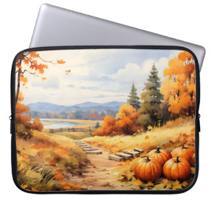 Wasserfarbene Autumn Road Pumpkin Fallende Blätter Laptopschutzhülle
