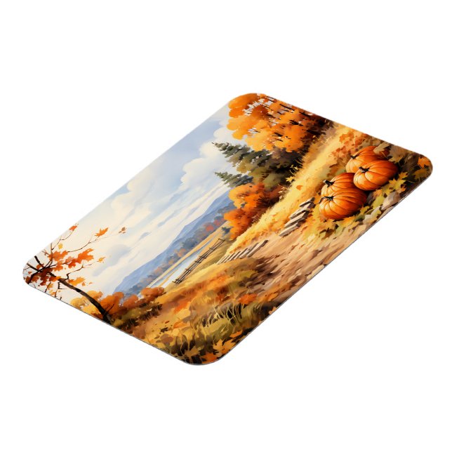 Wasserfarbene Autumn Road Pumpkin Fallende Blätter Magnet (Linke Seite)
