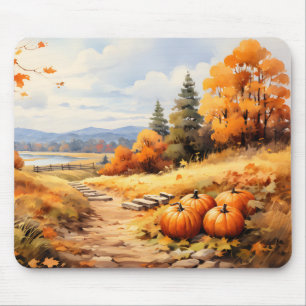 Wasserfarbene Autumn Road Pumpkin Fallende Blätter Mousepad