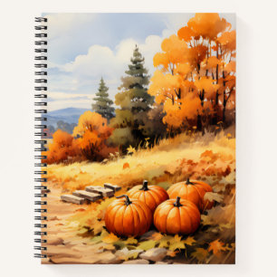 Wasserfarbene Autumn Road Pumpkin Fallende Blätter Notizbuch