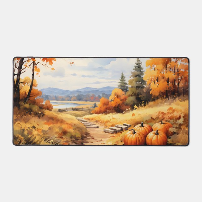 Wasserfarbene Autumn Road Pumpkin Fallende Blätter Schreibtischunterlage (Vorderseite)