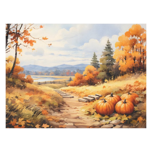 Wasserfarbene Autumn Road Pumpkin Fallende Blätter Tischdecke (Vorderseite (Horizontal))