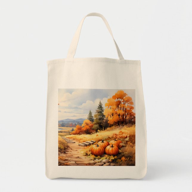 Wasserfarbene Autumn Road Pumpkin Fallende Blätter Tragetasche (Vorne)