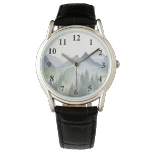 Wasserfarbene Berge Landschaft Grüne Pinienbäume Armbanduhr