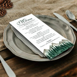 Wasserfarbene Berge & Pine Elegante Rustikale Hoch Menükarte<br><div class="desc">Dieses Hochzeitsmenü ist einfach,  rustikal und elegant. Es enthält einen extravaganten Schriftzeichen mit Aquarellgebirgen und Kiefernbäumen. Die Rückseite ist eine tiefe Marmorwald grüne Farbe. Ideal für einen Empfang im Freien.</div>