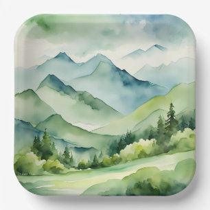Wasserfarbene Berge und Bäume Pappteller