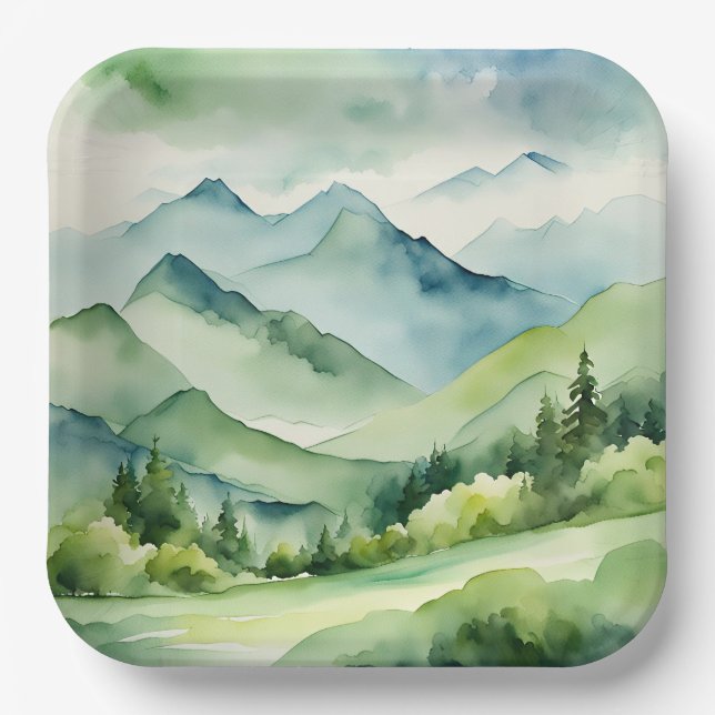 Wasserfarbene Berge und Bäume Pappteller (Vorderseite)