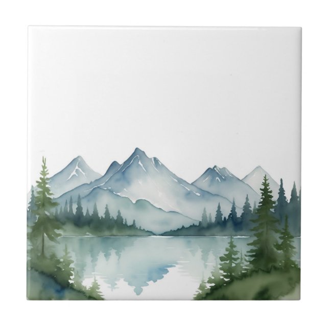 Wasserfarbene Berge und grüne Pinienbäume Natur Fliese (Vorderseite)