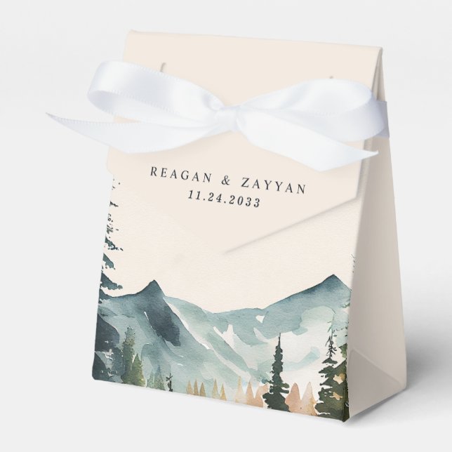 Wasserfarbene Berge und Kiefern Geschenkschachtel (Vorderseite)